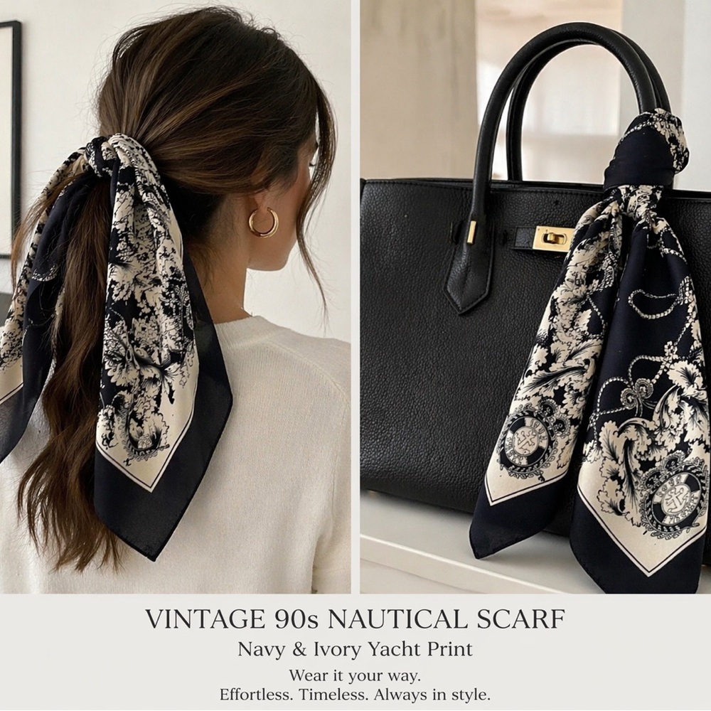 Vintage 90s Nautical Yacht Scarf Navy & Ivory Coastal Quiet Luxury | Old Money